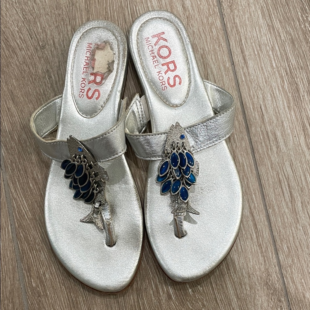 Michael Kors Metallic Silver Sandals with Blue Fish Accents